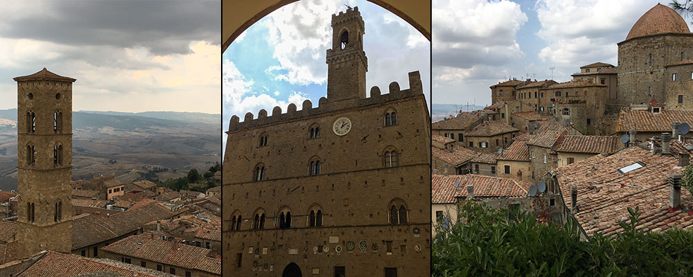 Uitzicht vanuit de klokkentoren, het stadhuis en uitzicht over Volterra Volterra, een prachtig stadje